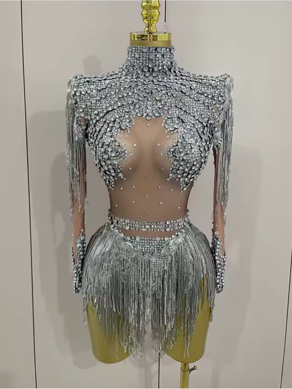 Silver Crystal Fringe Dance Costume